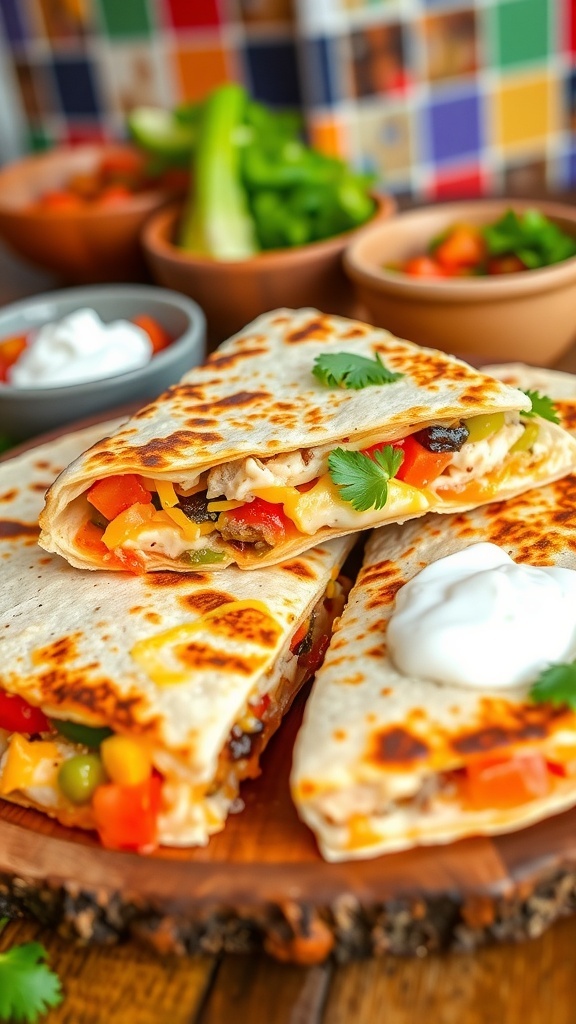 Cheesy chicken quesadilla cut into wedges with salsa and sour cream on a wooden plate.